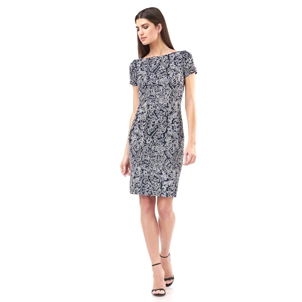 JS Collection Women's Short Sleeve Soutache Cocktail Dress Navy/Silver Size 10